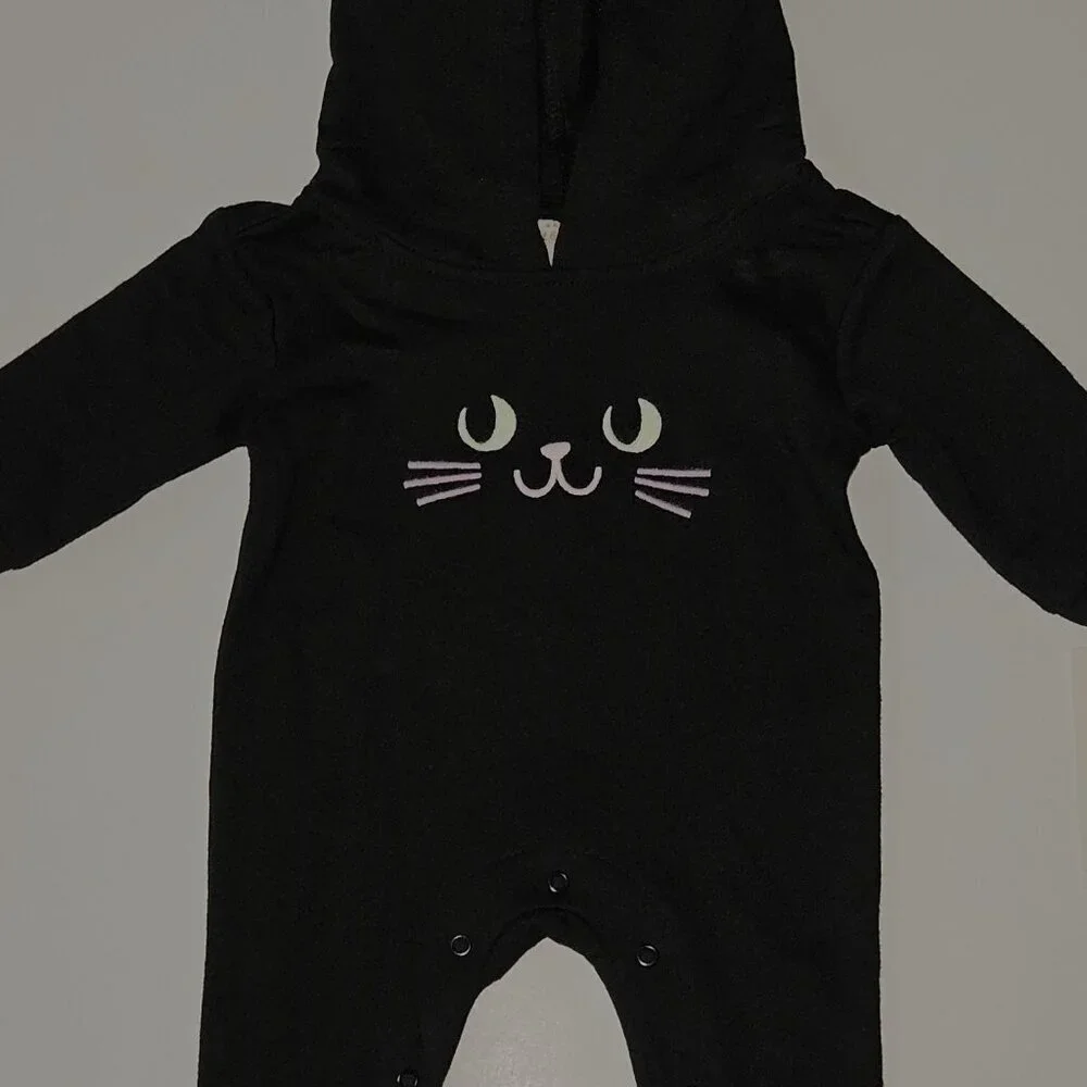 NEW Black Cat Halloween Outfit Baby Newborn Hooded Stitched PINK FACE Cat & Jack